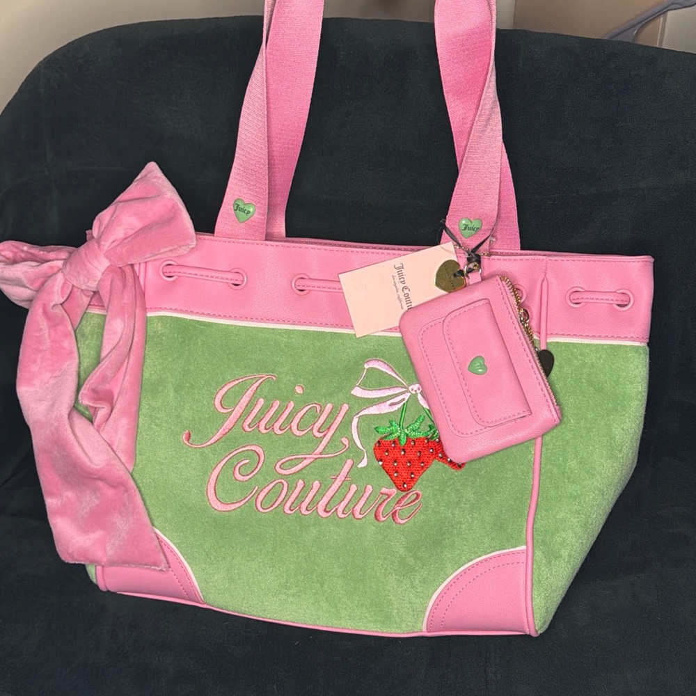 Juicy Couture Pink and Green Strawberry Tote with Cardholder Charm